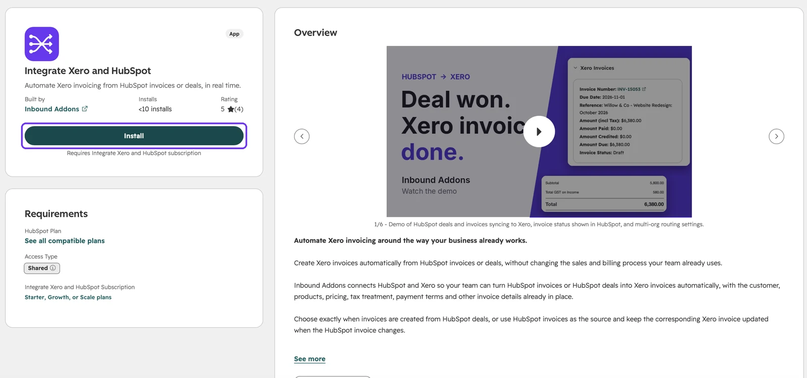 The Integrate Xero and HubSpot listing in the HubSpot App Marketplace, with the Install button highlighted.