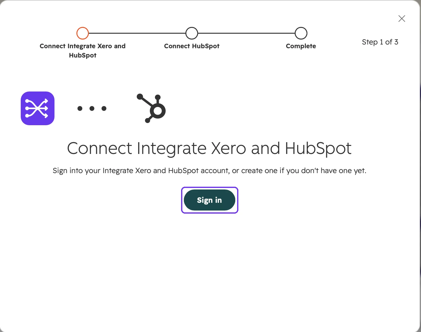 HubSpot installer step 1 of 3, Connect Integrate Xero and HubSpot, with the Sign in button highlighted.
