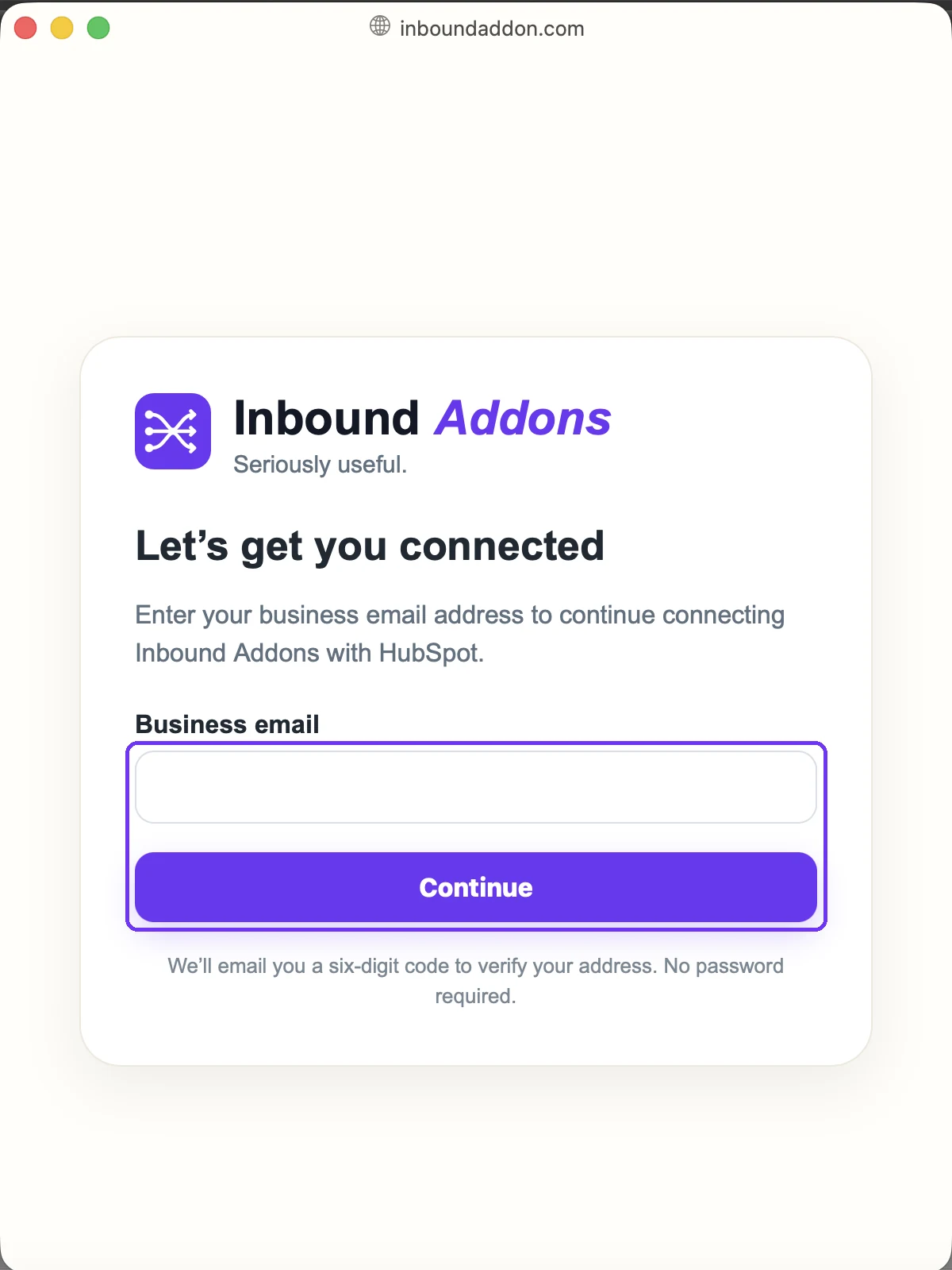 Inbound Addons sign-in page titled Let's get you connected, with the Business email field and Continue button highlighted.