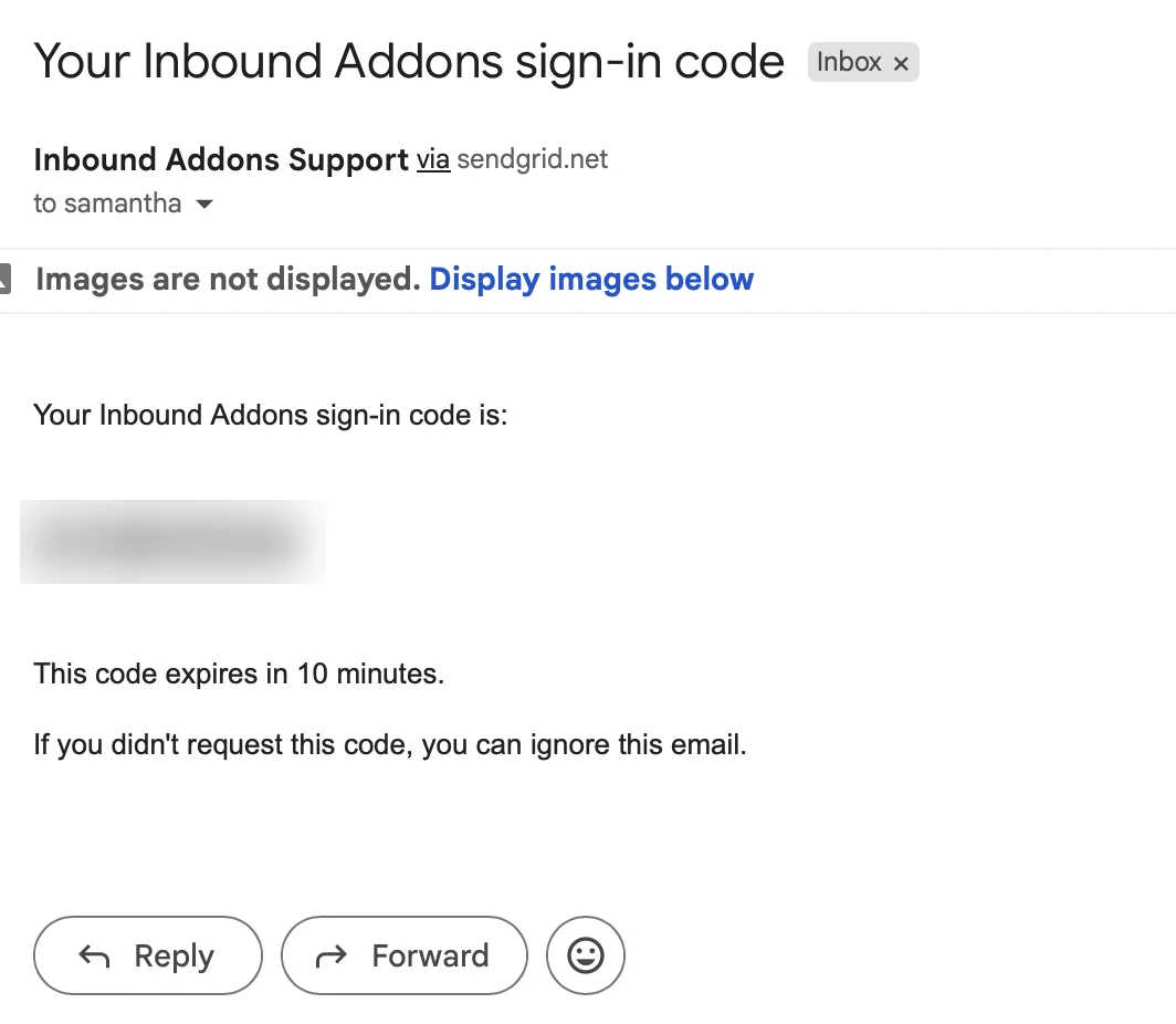 Email titled Your Inbound Addons sign-in code, showing a six-digit code (blurred) that expires in 10 minutes.