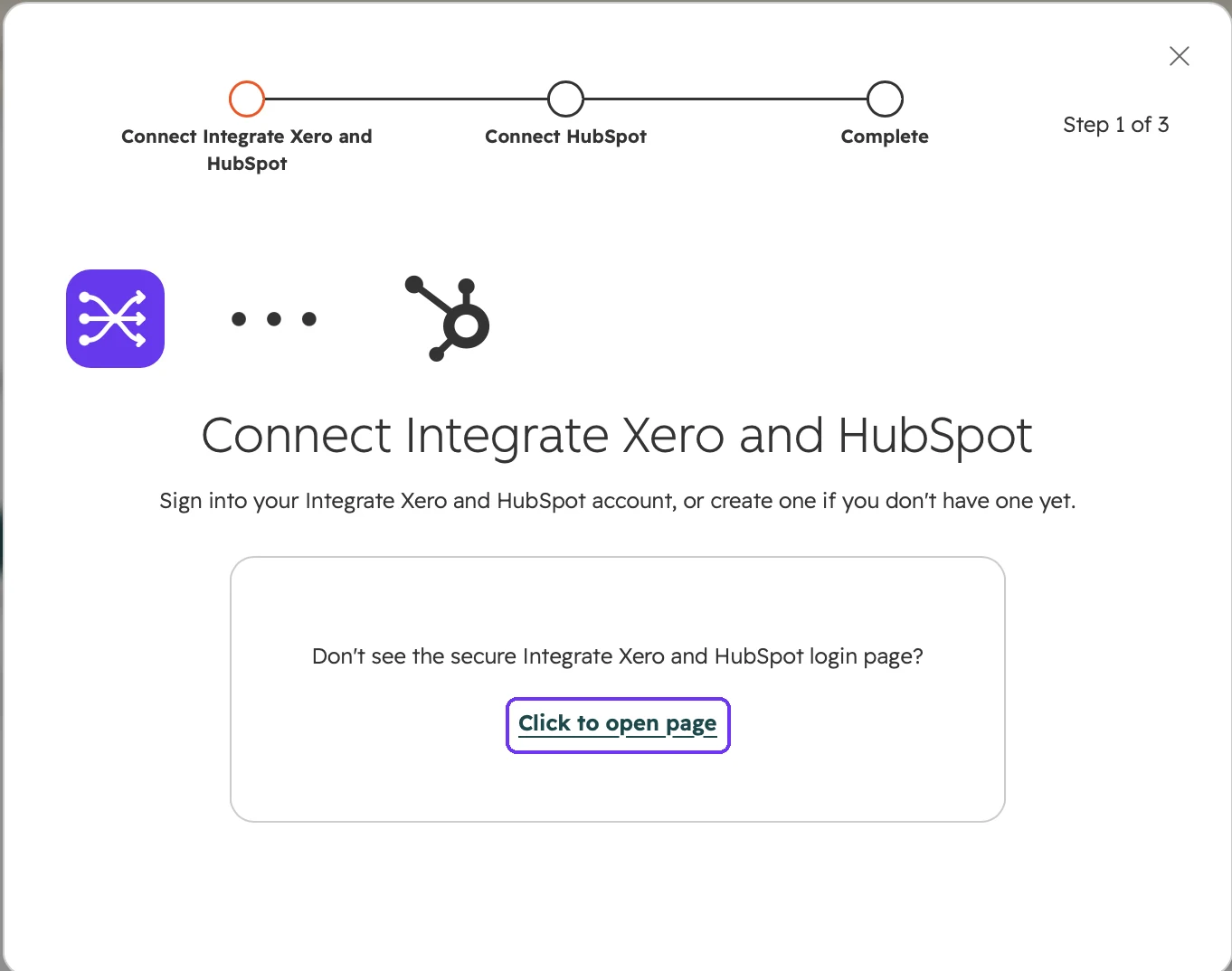 HubSpot installer asking Don't see the secure Integrate Xero and HubSpot login page?, with the Click to open page link highlighted.
