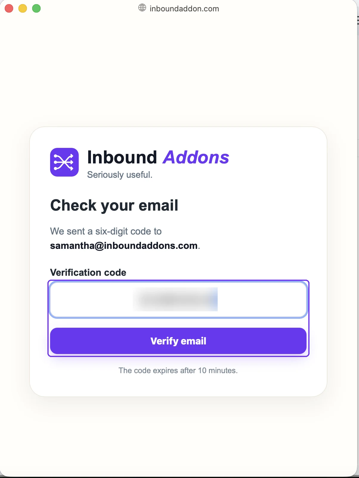 Check your email page with the Verification code field (code blurred) and Verify email button highlighted.