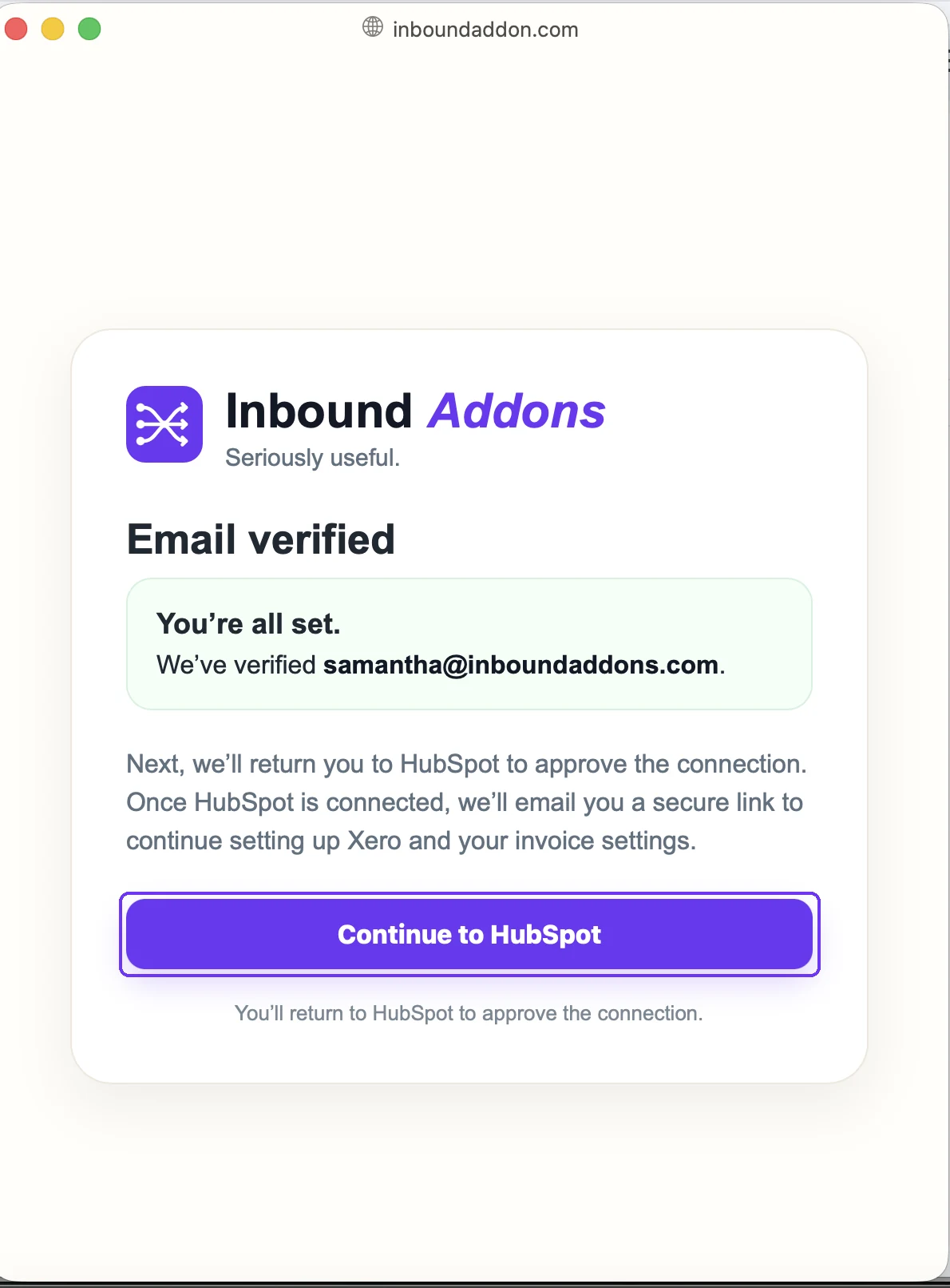 Email verified page saying You're all set, with the Continue to HubSpot button highlighted.