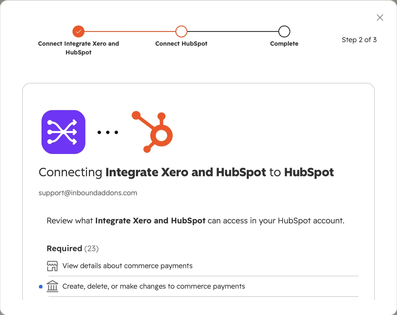 HubSpot installer step 2 of 3, Connecting Integrate Xero and HubSpot to HubSpot, listing the required permissions.