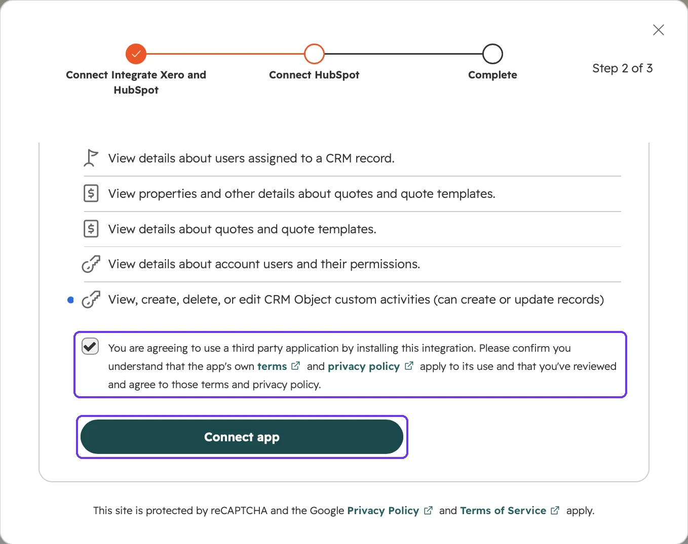 Bottom of the HubSpot permissions list with the terms checkbox and Connect app button highlighted.