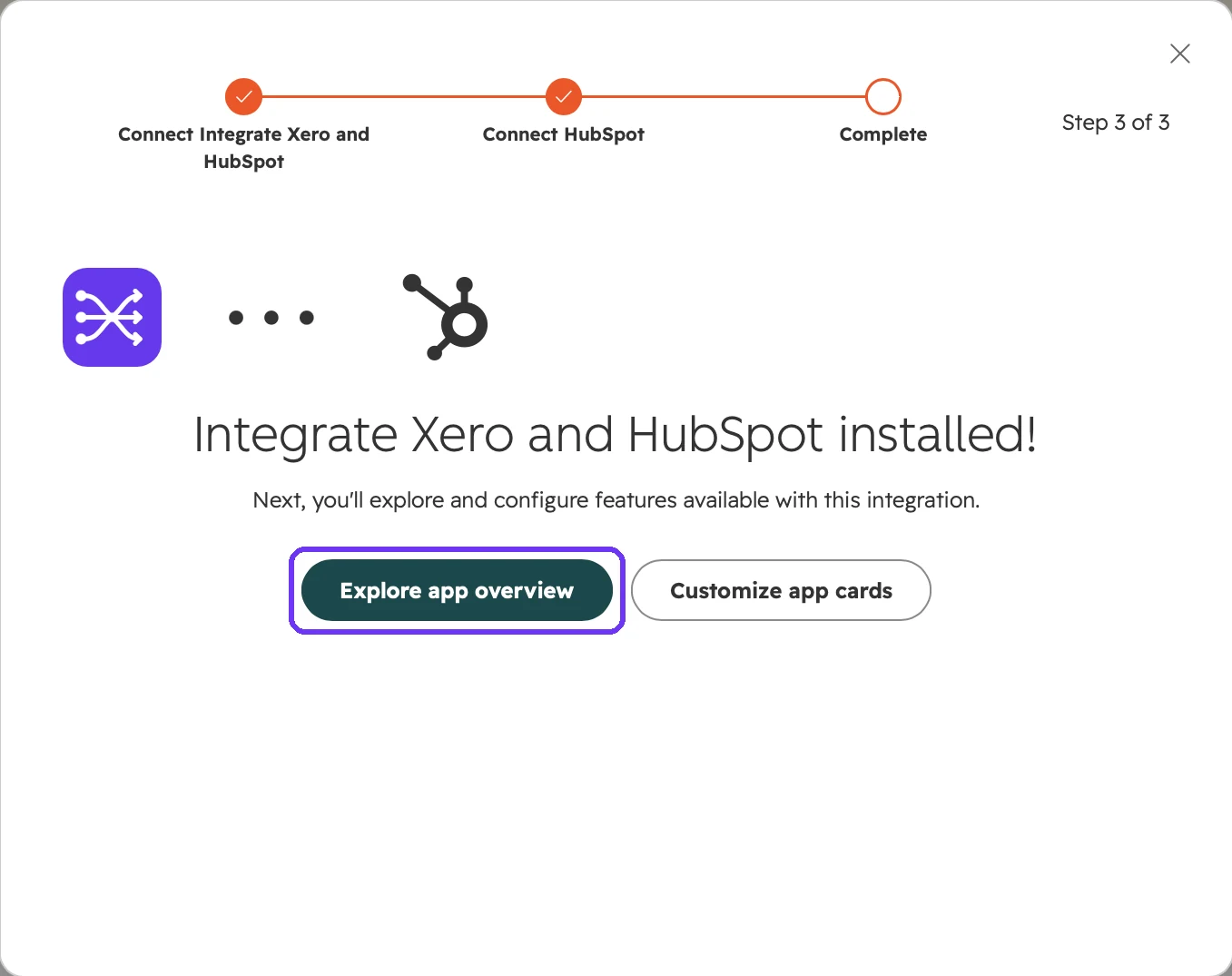 HubSpot installer step 3 of 3, Integrate Xero and HubSpot installed, with the Explore app overview button highlighted.