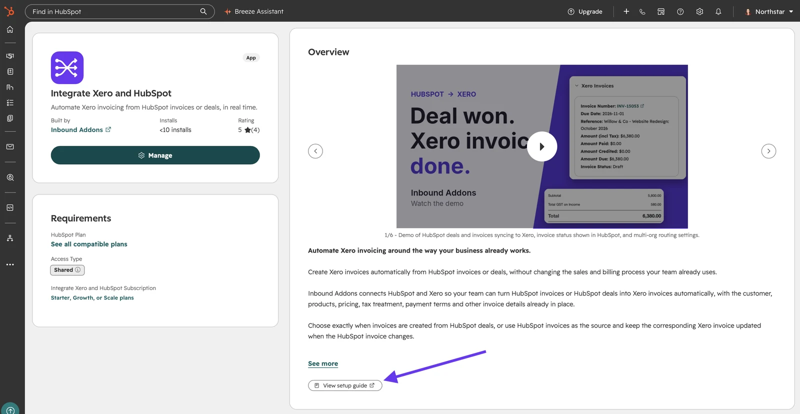 App overview in HubSpot with an arrow pointing to the View setup guide link below the Overview description.