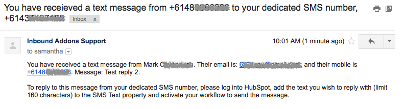 Receive SMS Text Message in HubSpot email notification
