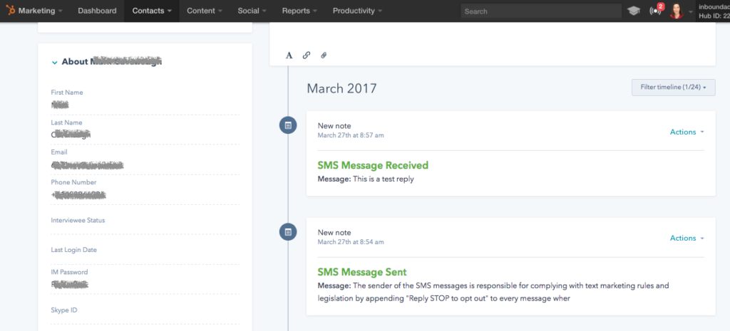 Send sms text messages from HubSpot - message in contact timeline