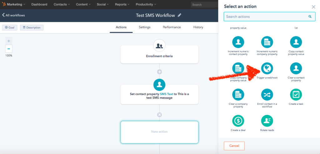 Send SMS text messages from HubSpot workflows - trigger a workflow action