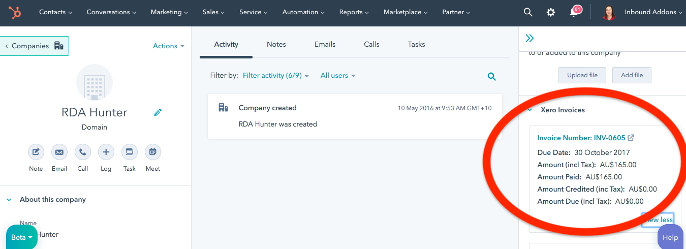 Xero invoice details displayed in HubSpot